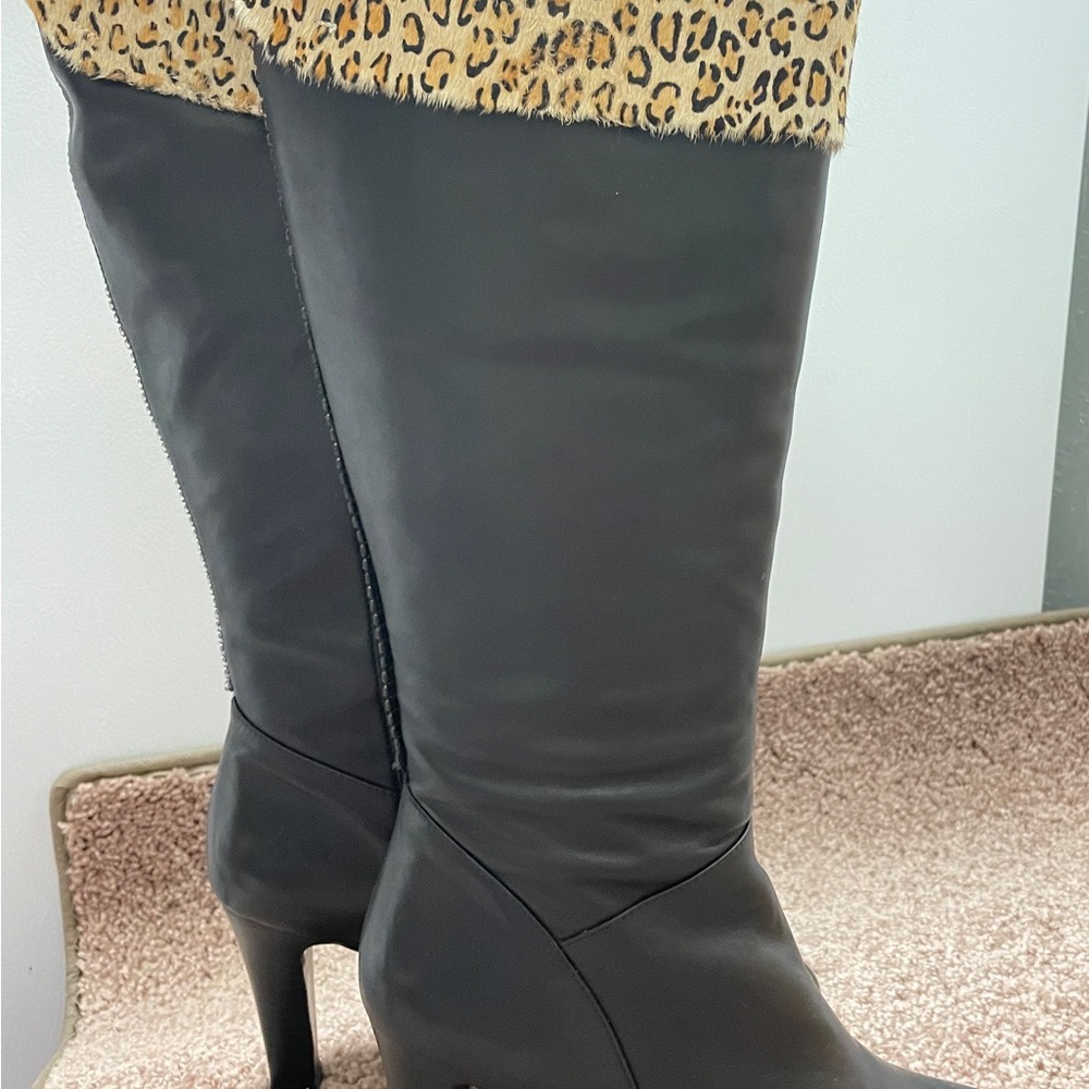 Leopard Trim Black Knee-High Boots